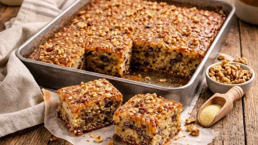 Posni kolač sa grizom, orasima i suvim grožđem preliven sirupom