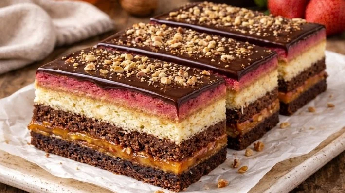 Trobojna orah torta sa džemom i kakao glazurom