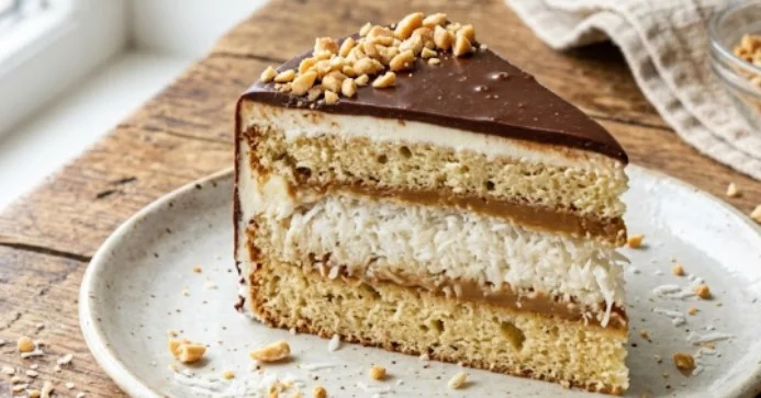 Domaća biskvitna torta sa bogatim mliječnim kokosom i čokoladnom glazurom koja bazično osvaja sva čula