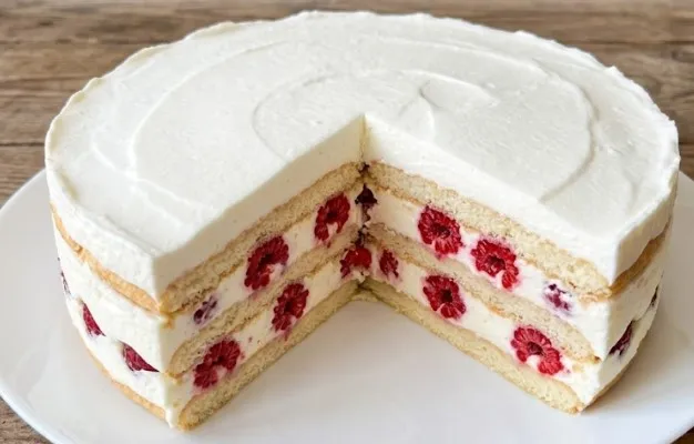 Moderna brza malina torta: Prefinjena višeslojna simfonija nežnog mlečnog krema i rubin-crvenih malina